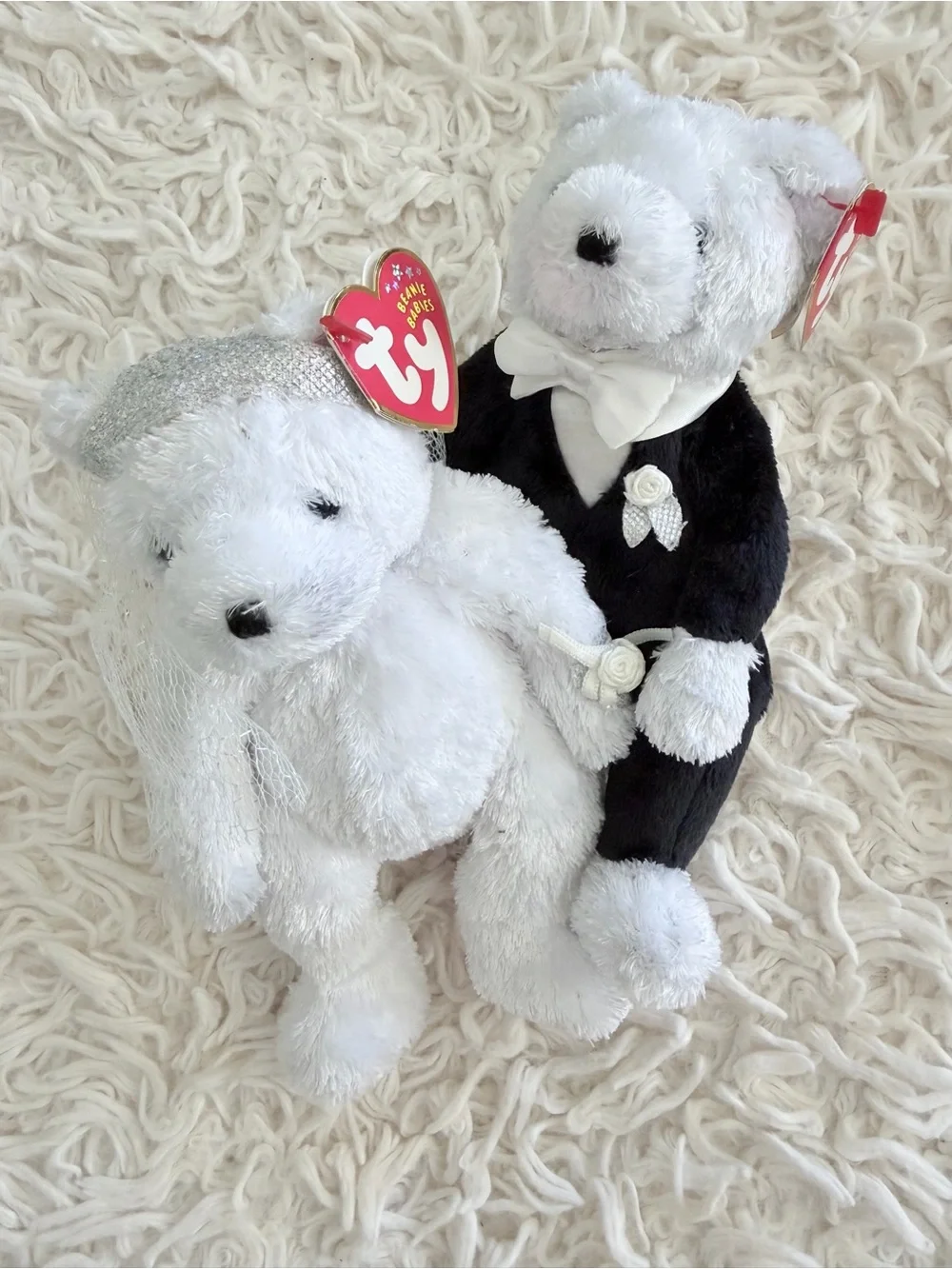 💍 Ty Plush Retired Bride and Groom Bears in White and Black (2002) - NWT